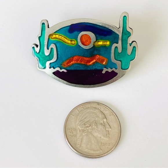 Vintage Signed ALIA 1991 Cactus Moon Enamel Inlay Brooch Pin Pendant - Picture 2 of 3